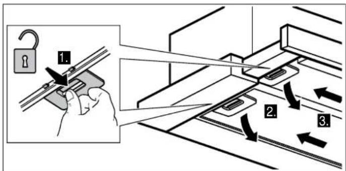 Diagram illustrating lock mechanism with labeled steps and directional arrows indicating movement