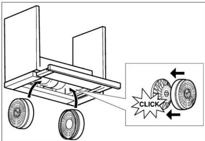 Diagram of a wheeled cart with labeled components and a close-up showing a click button mechanism.