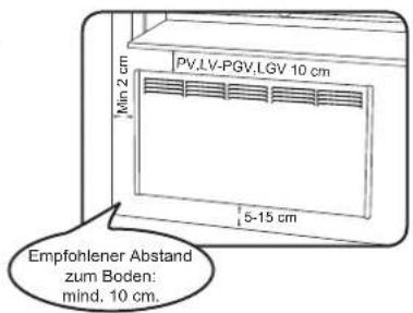 PV,LV-PGV,LGV 10 cm Min 2 cm 5-15 cm Empfohlener Abstand zum Boden: mind. 10 cm.