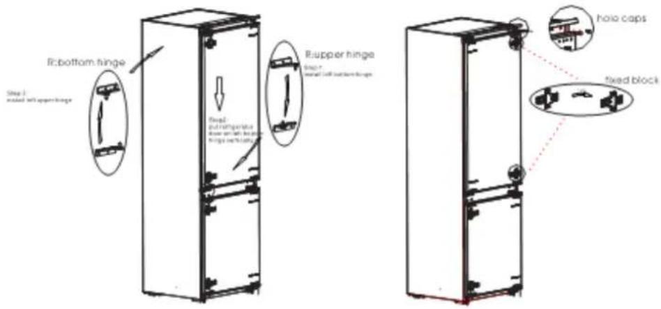 R:bottom hinge Step 1 installed left upper hinge R:upper hinge Step 2 installed left lower hinge R:upper hinge Step 3 installed left bottom hinge hold caps fixed block