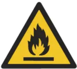 Warning sign depicting a flame symbol with hazard symbol and safety requirement