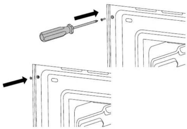 Technical illustration showing a screwdriver inserted into a panel, with arrows indicating assembly steps (no text or symbols present)