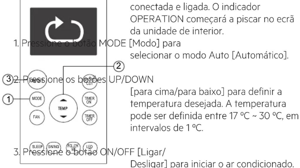 1. Pressione o botão MODE [Modo] para selecionar o modo Auto [Automático]. 2. Pressione os bodies UP/DOWN [para cima/para baixo] para definir a temperatura desejada. A temperatura pode ser definida entre 17 °C ~ 30 °C, em intervalos de 1 °C. 3. Pressione o botão ON/OFF [Ligar/ Desligar] para iniciar o ar condicionado.