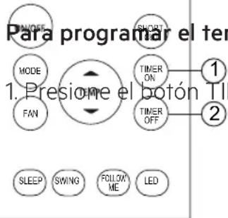 Para programar el ter MODE SHORT MODE TIMER ON FAN TIMER OFF 1 2 SLEEP SWING FOLLOW ME LED Presione el botón TII