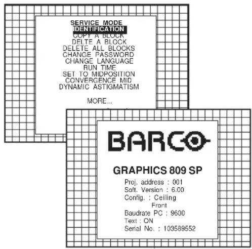 SERVICE MODE IDENTIFICATION COPY A BLOCK DELETE A BLOCK DELETE ALL BLOCKS CHANGE PASSWORD CHANGE LANGUAGE RUN TIME SET TO MIDPOSITION CONVERGENCE MID DYNAMIC ASTIGMATISM MORE... BARCO GRAPHICS 809 SP Proj. address : 001 Soft. Version : 6.00 Config. : Ceiling Front Baudrate PC : 9600 Text : ON Serial No. : 103589552