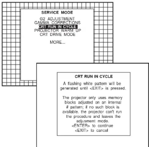 SERVICE MODE G2 ADJUSTMENT GAMMA CORRECTIONS CRT RUN IN CYCLE PROJECTOR WARM UP CRT DRIVE MODE MORE... CRT RUN IN CYCLE A flashing white pattern will be generated until is pressed. The projector only uses memory blocks adjusted on an internal pattern; if no such block is available, the projector can't run the procedure and leaves the adjustment mode. to continue to cancel