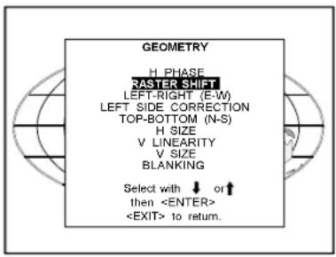 GEOMETRY H PHASE RASTER SHIFT LEFT-RIGHT (E-W) LEFT SIDE CORRECTION TOP-BOTTOM (N-S) H SIZE V LINEARITY V SIZE BLANKING Select with ↓ or ↑ then to return.