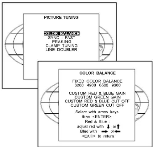 PICTURE TUNING COLOR BALANCE SYNC : FAST PEAKING CLAMP TUNING LINE DOUBLER COLOR BALANCE FIXED COLOR BALANCE 3200 4900 6500 9300 CUSTOM RED & BLUE GAIN CUSTOM GREEN GAIN CUSTOM RED & BLUE CUT OFF CUSTOM GREEN CUT OFF Select with arrow keys then Red & Blue : adjust red with ↓ or ↑ Blue with → or ← to return