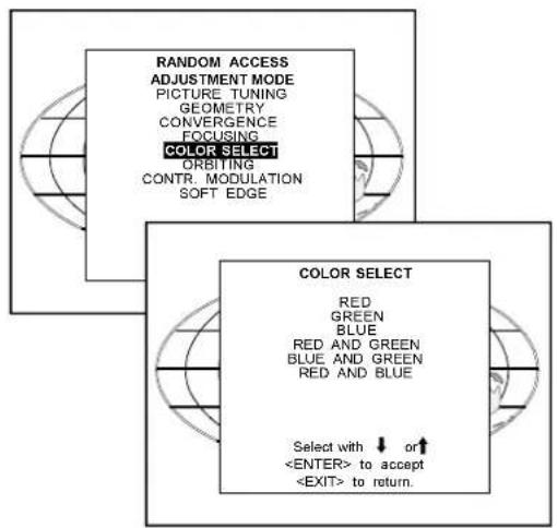 RANDOM ACCESS ADJUSTMENT MODE PICTURE TUNING GEOMETRY CONVERGENCE FOCUSING COLOR SELECT ORBITING CONTR. MODULATION SOFT EDGE COLOR SELECT RED GREEN BLUE RED AND GREEN BLUE AND GREEN RED AND BLUE Select with ↓ or ↑ to accept to return.