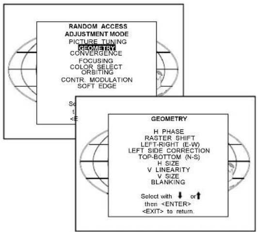RANDOM ACCESS ADJUSTMENT MODE PICTURE TUNING GEOMETRY CONVERGENCE FOCUSING COLOR SELECT ORBITING CONTR. MODULATION SOFT EDGE Select with ↓ or ↑ then to return.