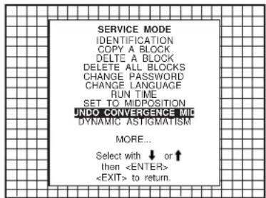 SERVICE MODE IDENTIFICATION COPY A BLOCK DELETE A BLOCK DELETE ALL BLOCKS CHANGE PASSWORD CHANGE LANGUAGE RUN TIME SET TO MIDPOSITION UNDO CONVERGENCE MIE DYNAMIC ASYIGMATISM MORE... Select with ↓ or ↑ then to return.