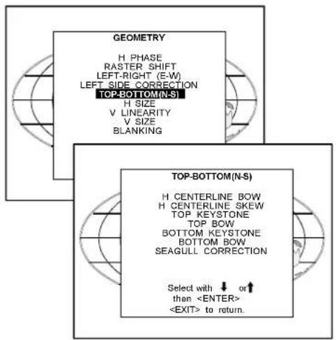 GEOMETRY H PHASE RASTER SHIFT LEFT-RIGHT (E-W) LEFT SIDE CORRECTION TOP-BOTTOM(N-S) H SIZE V LINEARITY V SIZE BLANKING TOP-BOTTOM(N-S) H CENTERLINE BOW H CENTERLINE SKEW TOP KEYSTONE TOP BOW BOTTOM KEYSTONE BOTTOM BOW SEAGULL CORRECTION Select with ↓ or ↑ than to return.