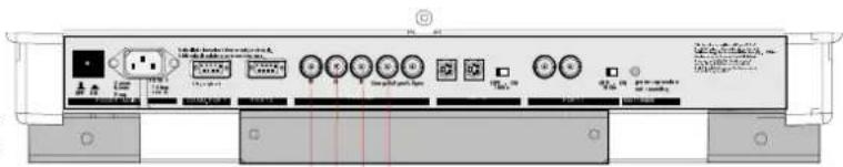Technical diagram of a device rear panel with labeled ports and buttons, showing internal components and status indicators.