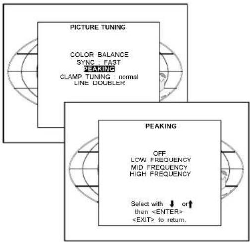 PICTURE TUNING COLOR BALANCE SYNC : FAST PEAKING CLAMP TUNING : normal LINE DOUBLER PEAKING OFF LOW FREQUENCY MID FREQUENCY HIGH FREQUENCY Select with ↓ or ↑ then to return.