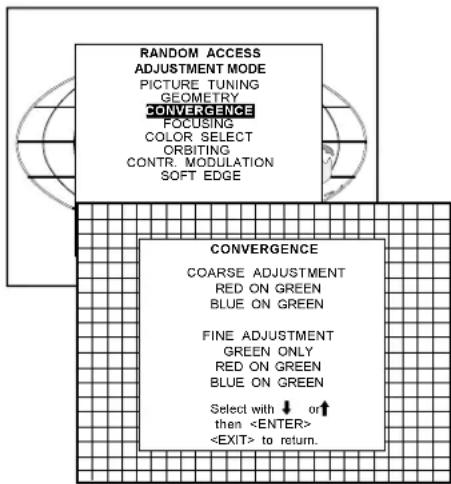 RANDOM ACCESS ADJUSTMENT MODE PICTURE TUNING GEOMETRY CONVERGENCE FOCUSING COLOR SELECT ORBITING CONTR. MODULATION SOFT EDGE CONVERGENCE COARSE ADJUSTMENT RED ON GREEN BLUE ON GREEN FINE ADJUSTMENT GREEN ONLY RED ON GREEN BLUE ON GREEN Select with ↓ or ↑ than to return.
