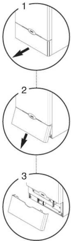 Diagram showing three-step installation steps of a mechanical component, with arrows indicating direction and labels 1, 2, and 3.