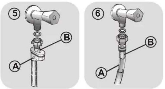 Technical diagram showing two configurations of a pipe fitting with labeled parts A and B, numbered 5 and 6.