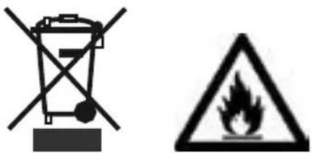 Two safety symbols: a crossed-out trash bin and a triangular warning sign with flame.