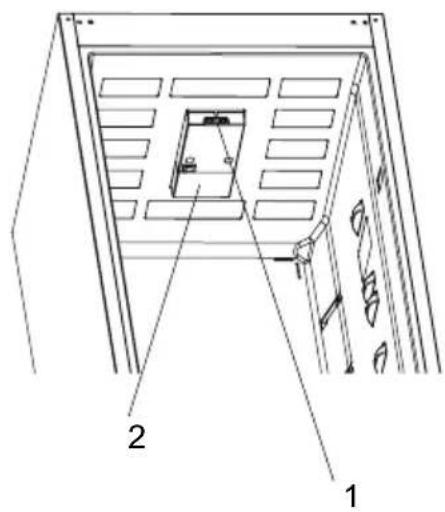 Technical diagram of a door frame with labeled components, showing internal structure and part numbers 1 and 2.