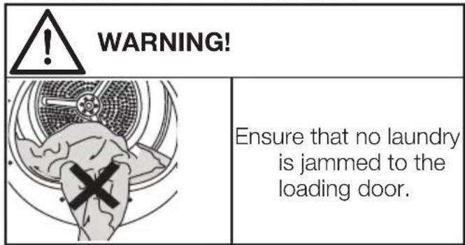 WARNING! Ensure that no laundry is jammed to the loading door.
