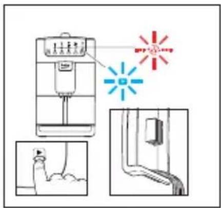 Diagram illustrating a washing machine with labeled parts and warning symbols, including a hand gesture and safety instructions.