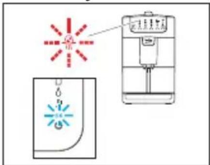 Diagram showing a water dispenser with red spray pattern and a labeled component, alongside a schematic diagram of its components.