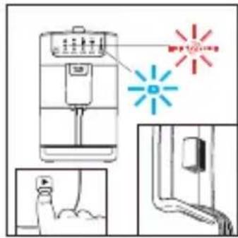 Diagram showing a water dispenser with warning light and action buttons, alongside close-ups of hands performing instructions.