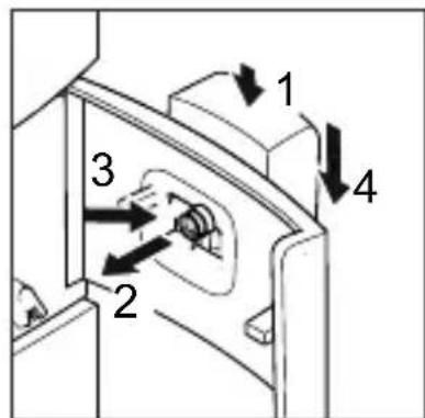 Technical diagram of a mechanical component with numbered parts and directional arrows indicating motion or assembly.