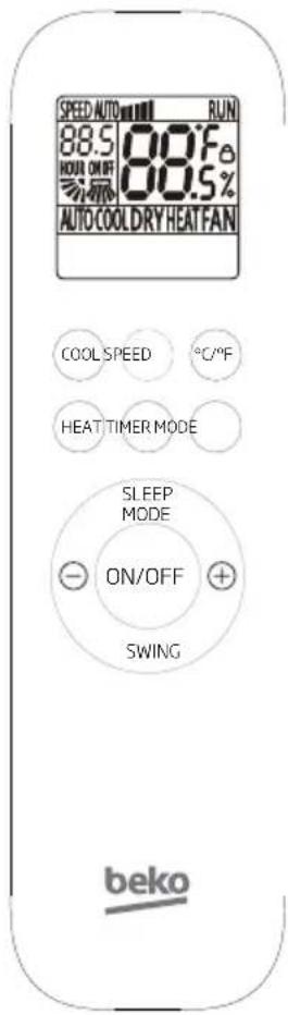 SPEED AUTO RUN 88.5 00°F HOUL ON/OFF 88.5% 多标 00.5% AUTO COOL DRY HEAT FAN COOL SPEED °C/°F HEAT TIMER MODE SLEEP MODE ON/OFF + SWING beko
