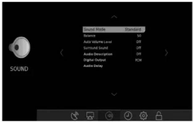 Sound Mode Standard Balance 50 Auto Volume Level OFF Surround Sound OFF Audio Description OFF Digital Output PCM Audio Delay