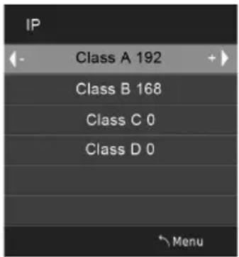 IP Class A 192 Class B 168 Class C 0 Class D 0 Menu