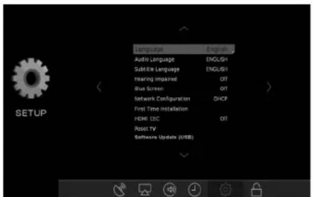 Language Audio Language Subtitle Language Hearing Impaired Blue Screen Network Configuration First Time Installation HOME CDC Reset TV Software Update (USB)