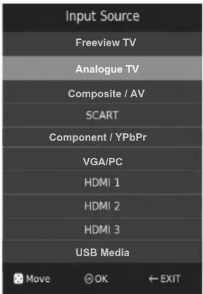 Input Source Freeview TV Analogue TV Composite / AV SCART Component / YPbPr VGA/PC HDMI 1 HDMI 2 HDMI 3 USB Media Move OK ← EXIT