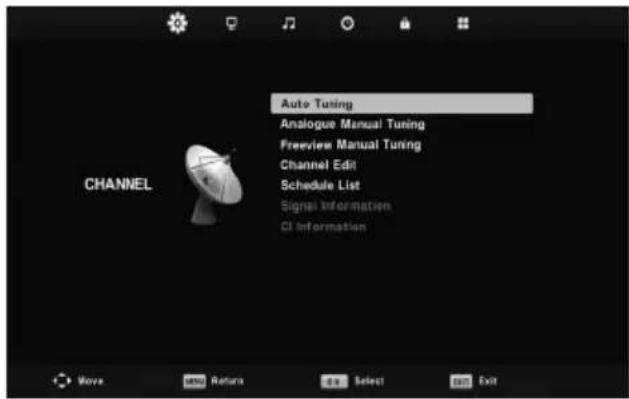 Auto Tuning Analogue Manual Tuning Freeview Manual Tuning Channel Edit Schedule List Signal Information CI Information