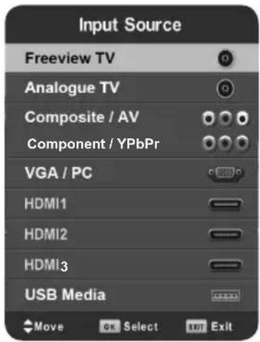 Input Source Freeview TV Analogue TV Composite / AV Component / YPbPr VGA / PC HDMI1 HDMI2 HDMI3 USB Media Move OK Select Exit