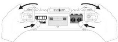 Diagram showing a hand holding a cassette player with control buttons and directional arrows indicating rotation or movement.