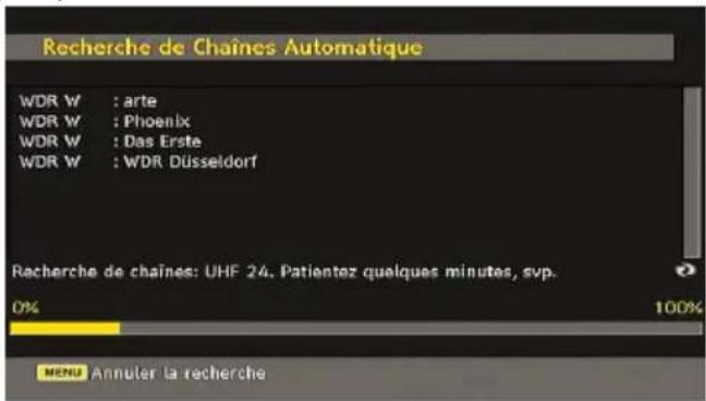 Recherche de Chaînes Automatique WDR W : arte WDR W : Phoenix WDR W : Das Erste WDR W : WDR Düsseldorf Rachere de chaînes: UHF 24. Patientez quelques minutes, svp. 0% 100% MENU Annuler la recherche