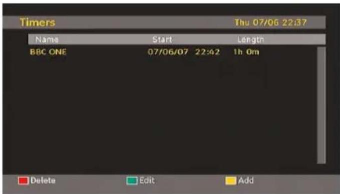 Timers Thu 07/06 22:37 Name Start Length BBC ONE 07/06/07 22:42 1h 0m Delete Edit Add