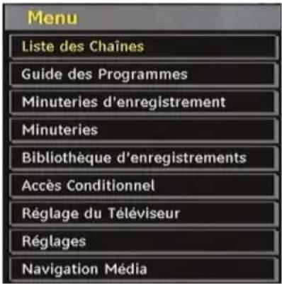 Menu Liste des Chaînes Guide des Programmes Minuteries d'enregistrement Minuteries Bibliothèque d'enregistrements Accès Conditionnel Réglage du Téléviseur Réglages Navigation Média