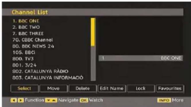 Channel List 1. BBC ONE 2. BBC TWO 7. BBC THREE 70. CBBC Channel 80. BBC NEWS 24 105. BBCI 800. TV3 801. 3/24 802. CATALUNYA RÀDIO 803. CATALUNYA INFORMACIÔ Select Move Delete Edit Name Lock Favourites Function▼ Navigate OK Watch INFO More