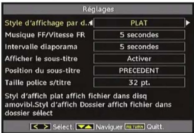 Réglages Style d'affichage par d. PLAT Musique FF/Vitesse FR 5 secondes Intervalle diaporama 5 secondes Afficher le sous-titre Activer Position du sous-titre PRECEDENT Taille police s/titre 32 pt. Styl d'affich plat affich fichier dans disq amovibl.Styl d'affich Dossier affich fichier dans dossier s…