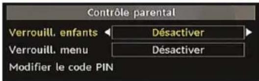 Contrôle parental Verrouill. enfants Désactiver Verrouill. menu Désactiver Modifier le code PIN