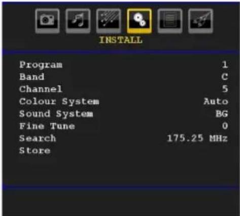 INSTALL Program 1 Band C Channel 5 Colour System Auto Sound System BG Fine Tune 0 Search 175.25 MHz Store