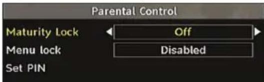 Parental Control Maturity Lock Off Menu lock Disabled Set PIN