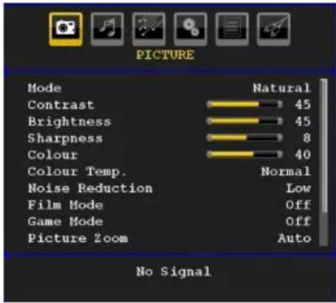 PICTURE Mode Natural Contrast 45 Brightness 45 Sharpness 8 Colour 40 Colour Temp. Noise Reduction Normal Film Mode Low Game Mode Off Picture Zoom Auto No Signal