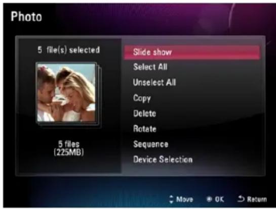 Photo 5 file(s) selected Slide show Select All Unselect All Copy Delete Rotate Sequence Device Selection 5 files (225MB) Move OK Return