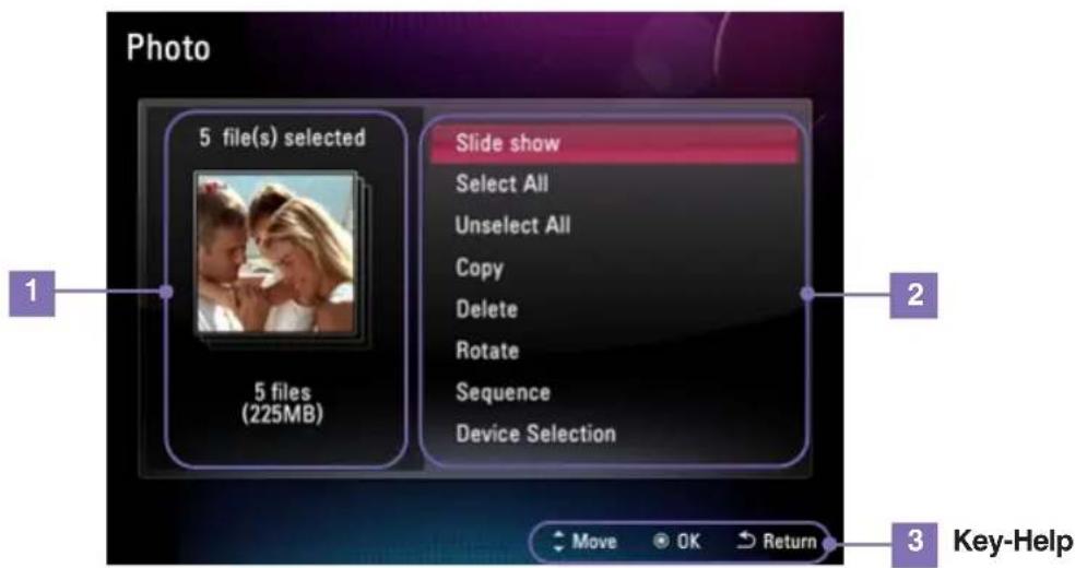 Photo 5 file(s) selected Slide show Select All Unselect All Copy Delete Rotate Sequence Device Selection 1 2 5 files (225MB) 3 Key-Help