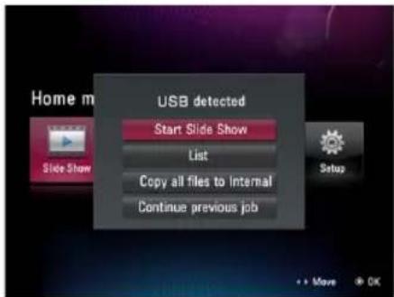 Home m USB detected Start Slide Show List Copy all files to internal Continue previous job Slide Show Setus + Move OK