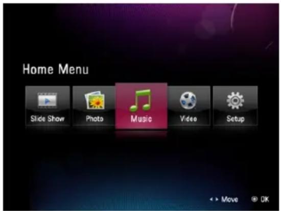 Home Menu Slide Show Photo Music Video Setup Move OK