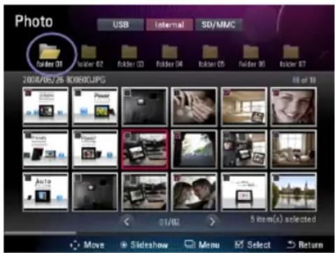 Photo USB Internal SD/MMC Folder 01 Folder 02 Folder 03 Folder 04 Folder 05 Folder 06 Folder 07 2008/05/26 80880JPG 58 or 10 Move Sideshow Menu Select Return